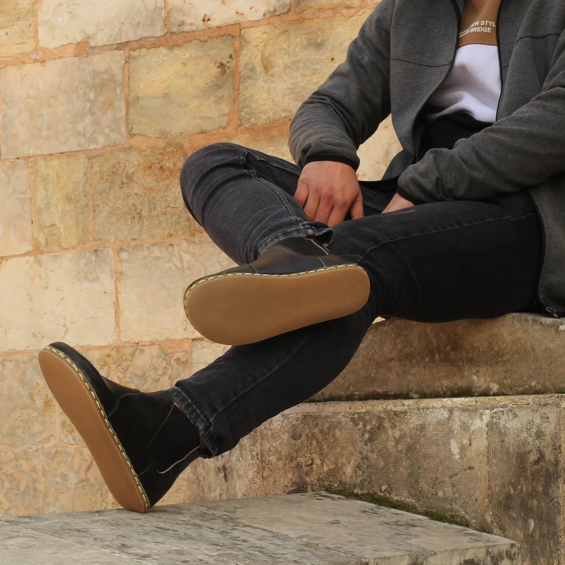 black leather chelsea barefoot boots handmade mens
