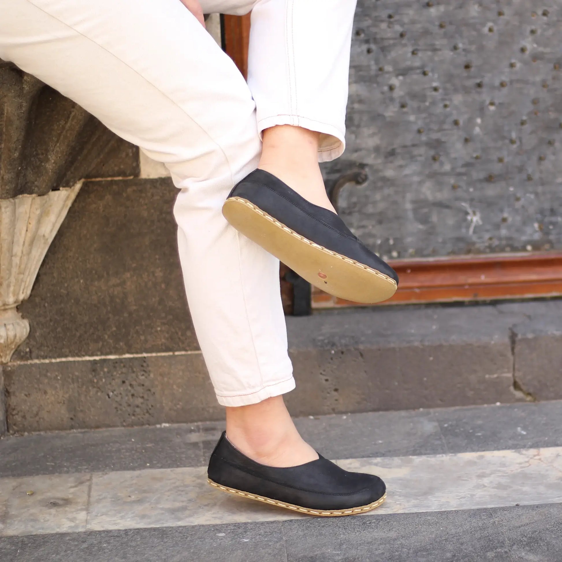 black womens handmade barefoot loafers