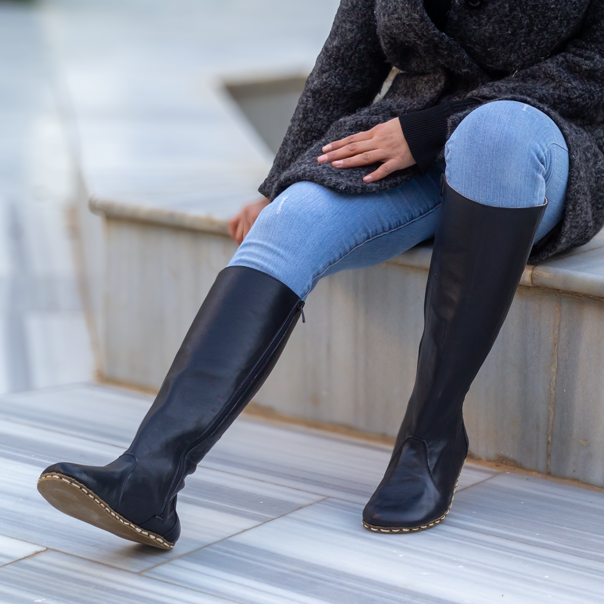 Black Women s Leather Barefoot Earthing Long Boots