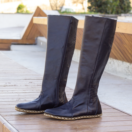 Black Women's Leather Barefoot Earthing Long Boots-Horse Boots Women-Nefes Shoes-5-Nefes Shoes