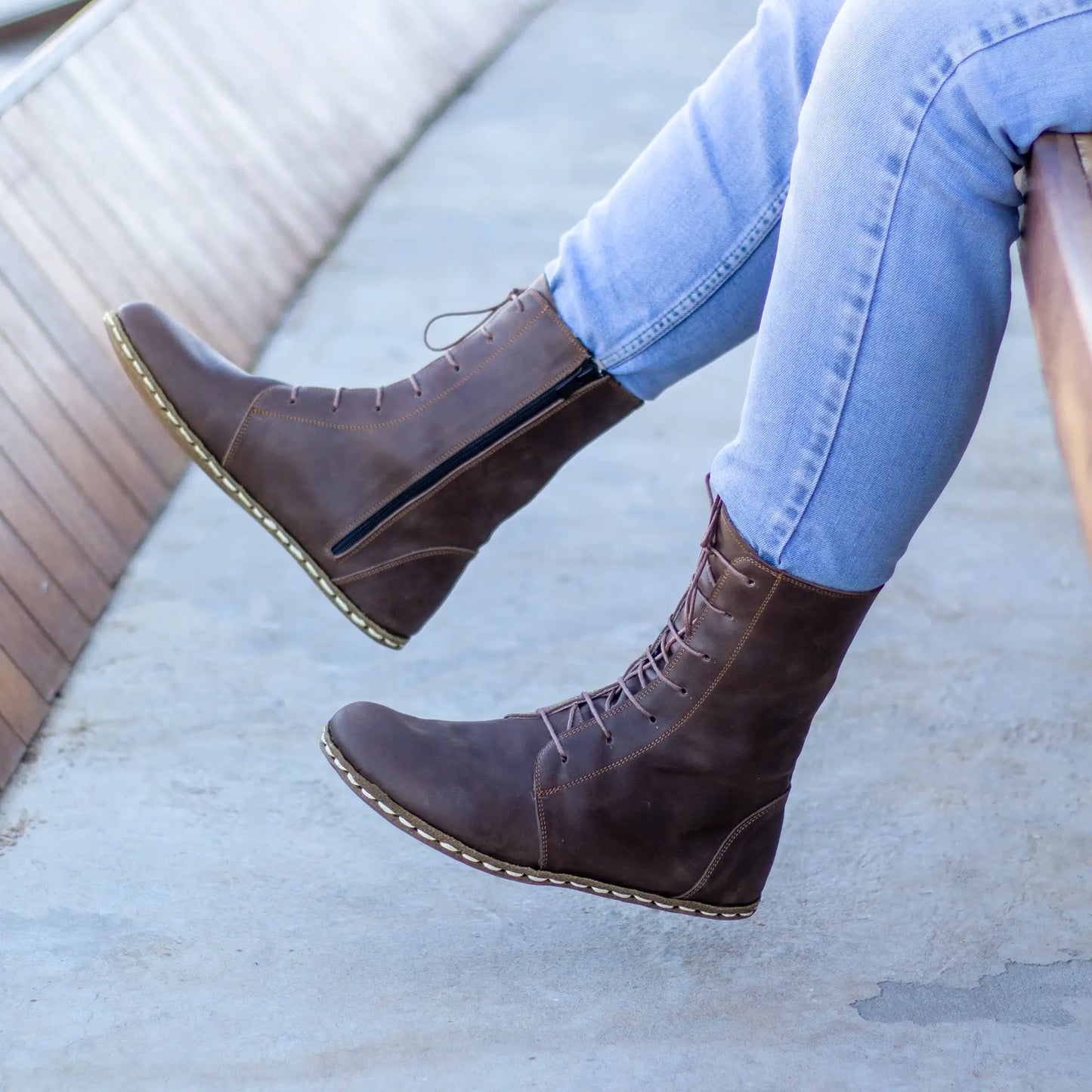 brown barefoot leather lace up boots for men