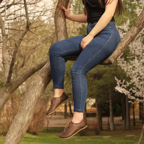brown laced barefoot oxford shoes for women