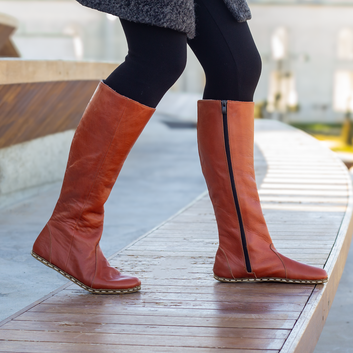 Brown Women's Leather Barefoot Earthing Long Boots-Horse Boots Women-Nefes Shoes-5-Nefes Shoes