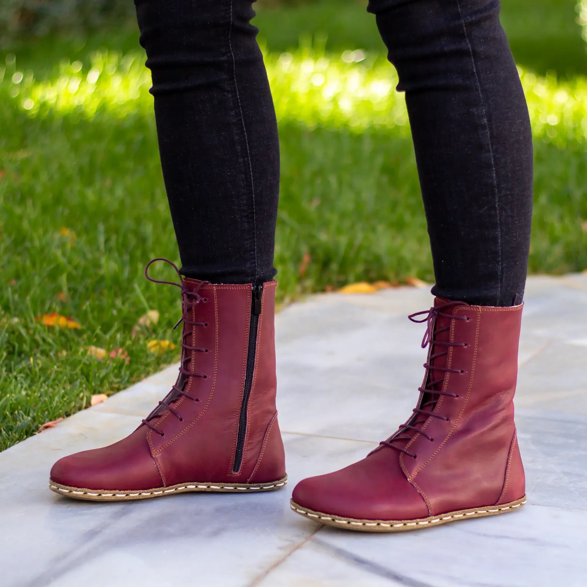burgundy barefoot lace up leather boots for women