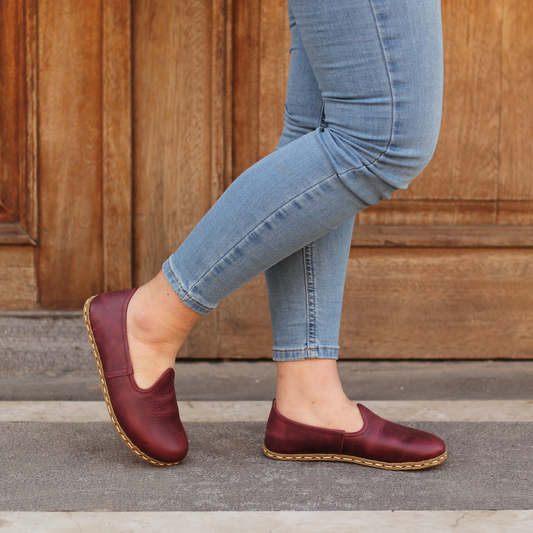 Burgundy Barefoot Leather Shoes Flat for Women-Women Barefoot Shoes Classic-nefesshoes-3-Nefes Shoes