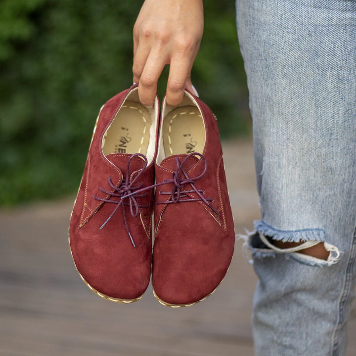 burgundy barefoot oxford shoes for women laced