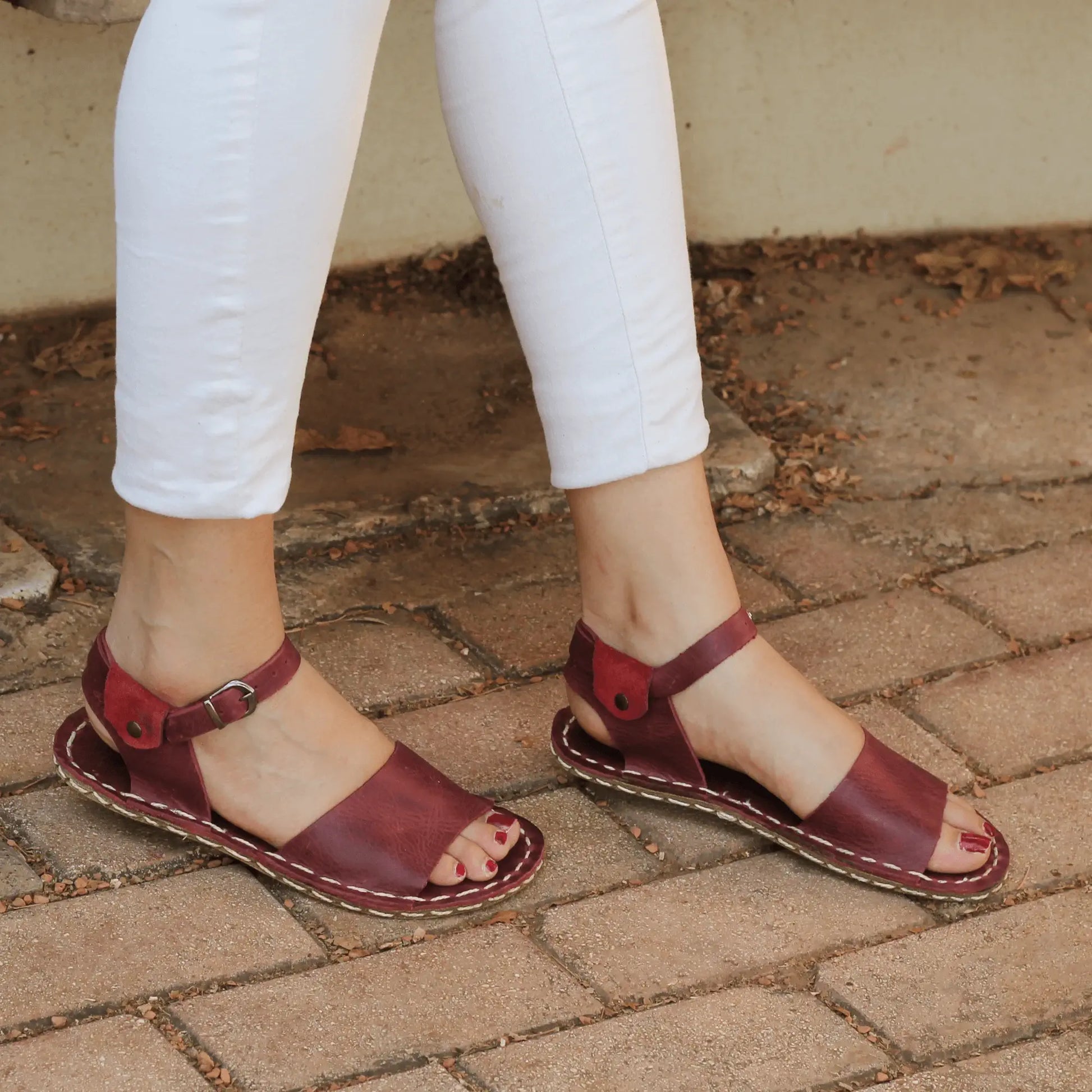 burgundy leather womens band huarache barefoot sandals