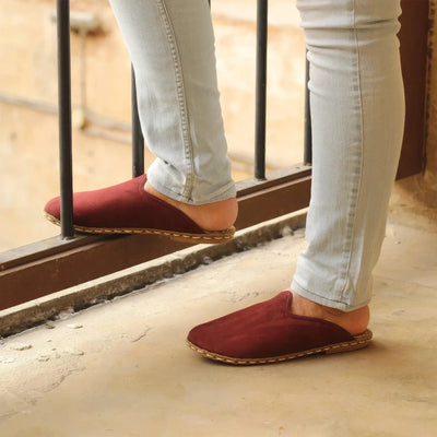 burgundy nubuck leather house slippers for women