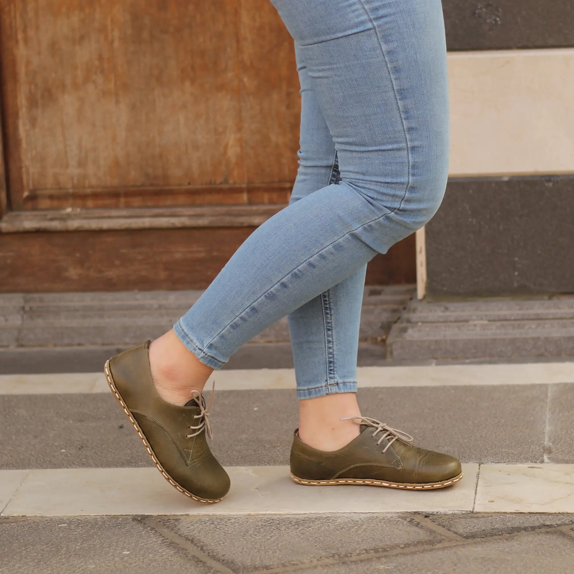 casual military green handmade barefoot leather shoes women