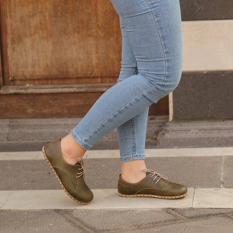 casual military green handmade barefoot leather shoes women