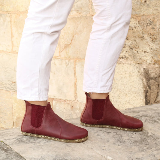 chelsea barefoot boots burgundy handmade womens