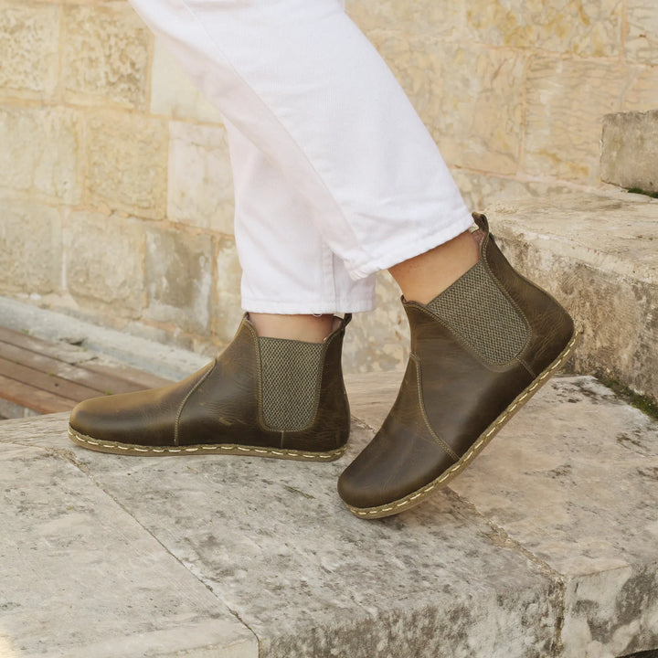 chelsea barefoot boots military green handmade womens