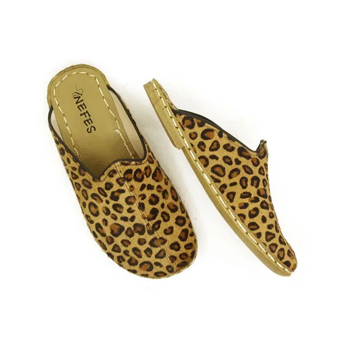 closed toe leather mens slippers yellow leopard print