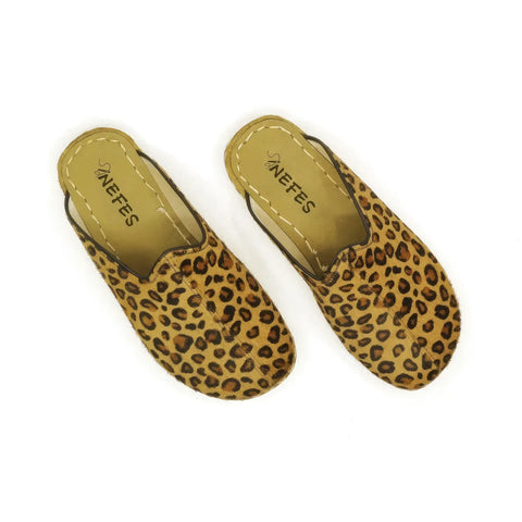 closed toe leather womens slippers yellow leopard print