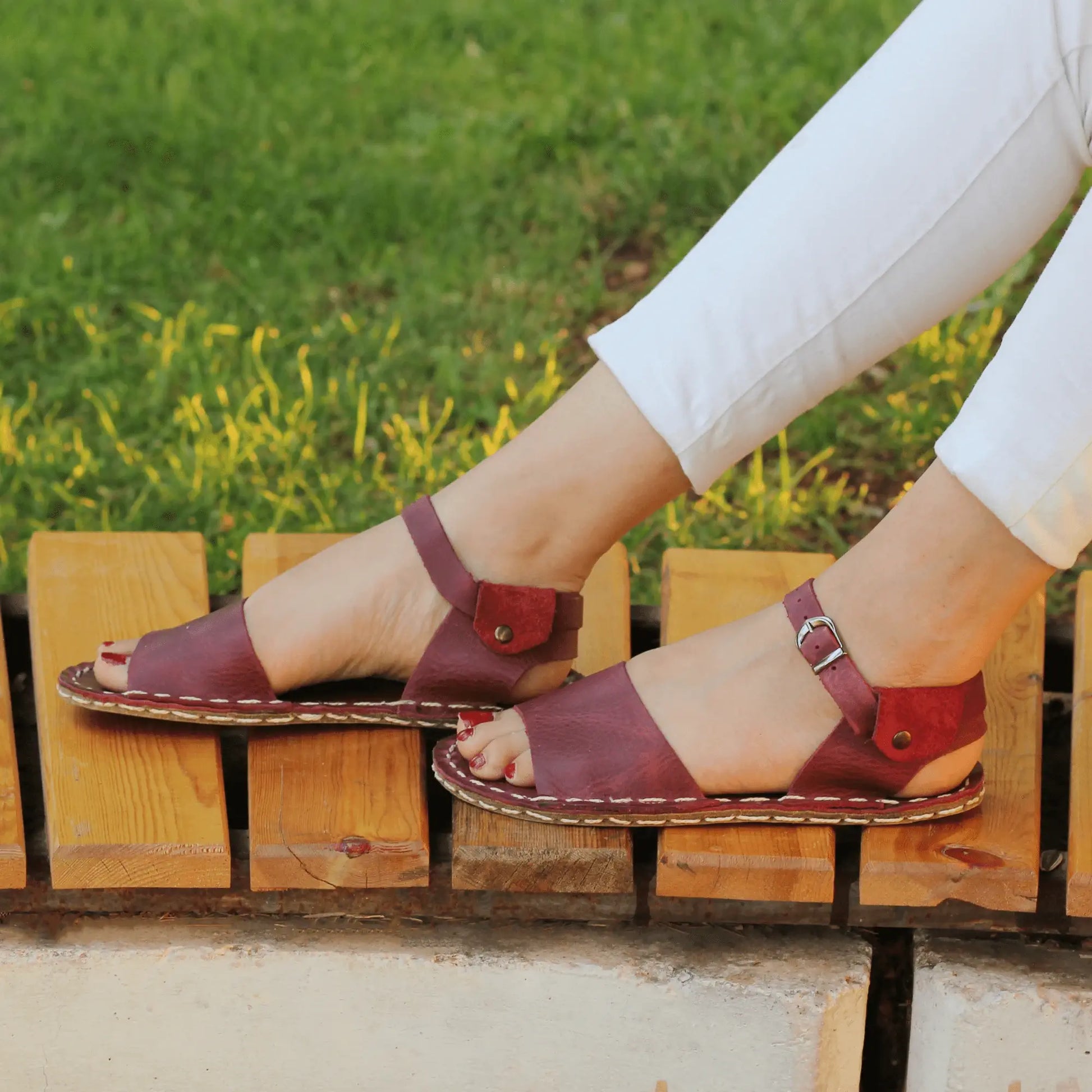 comfortable band womens burgundy leather barefoot huarache sandals