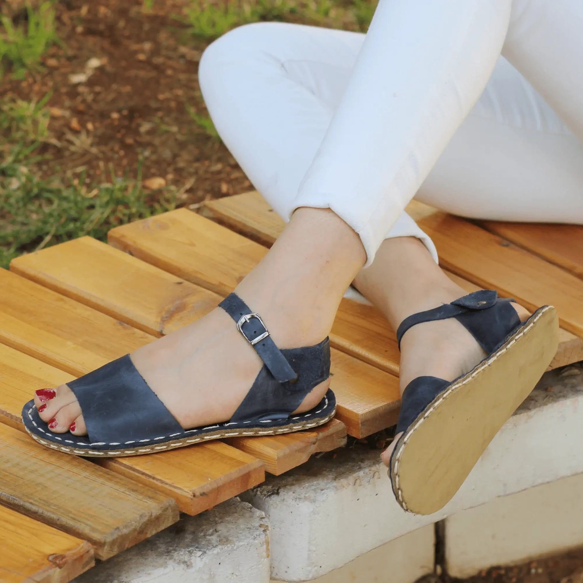 comfortable band womens navy blue leather barefoot huarache sandals