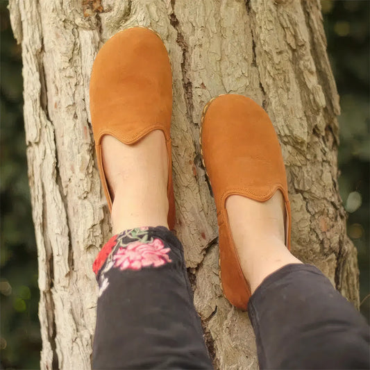 comfortable barefoot shoes women nubuck orange leather