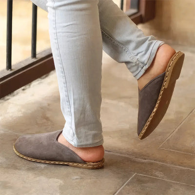 comfortable closed toe slippers men gray leather