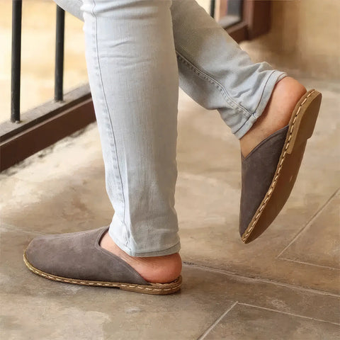 comfortable closed toe slippers men gray leather