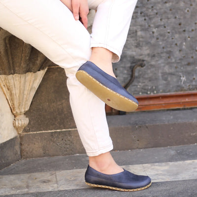 comfortable handmade barefoot loafers women navy blue