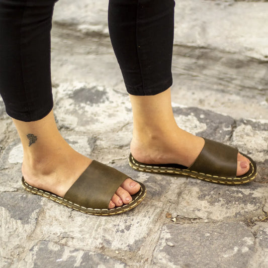 cozy olive green slippers leather handmade women