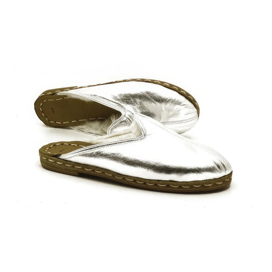 cozy shiny silver sheepskin slippers men