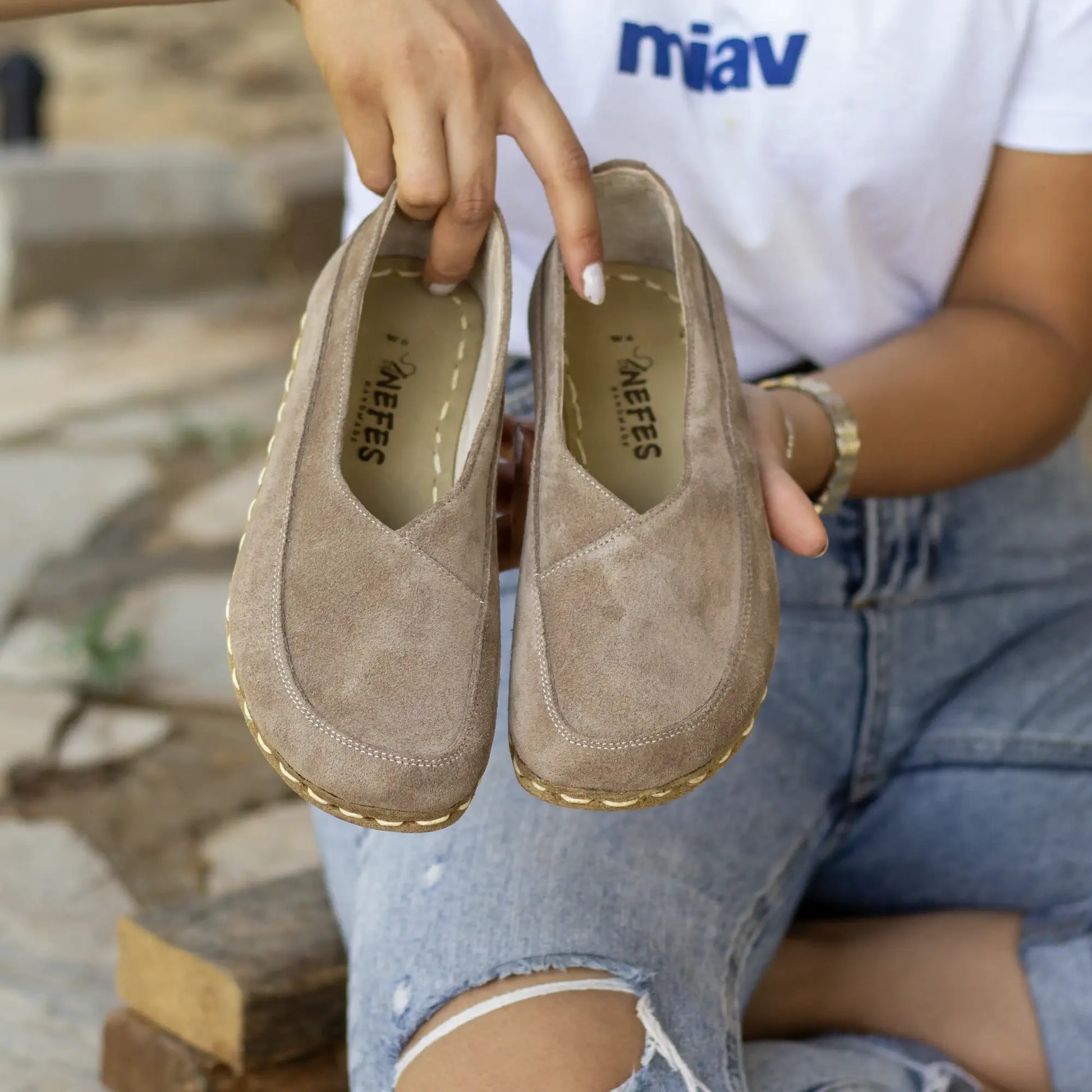 crafted by hand barefoot loafers milky brown suede women