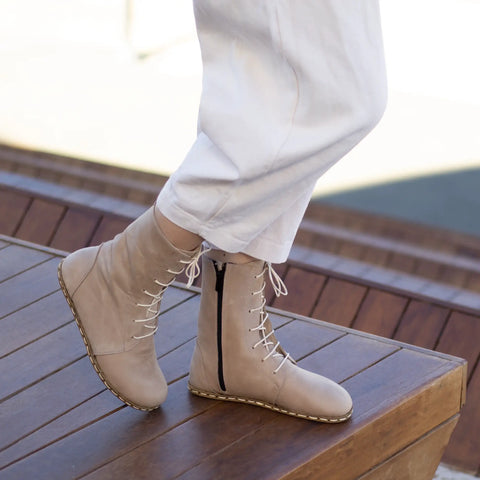 cream leather barefoot lace up grounding boots for women