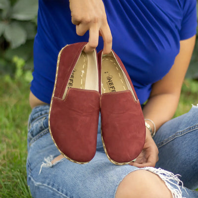 durable nubuck leather barefoot shoes women burgundy