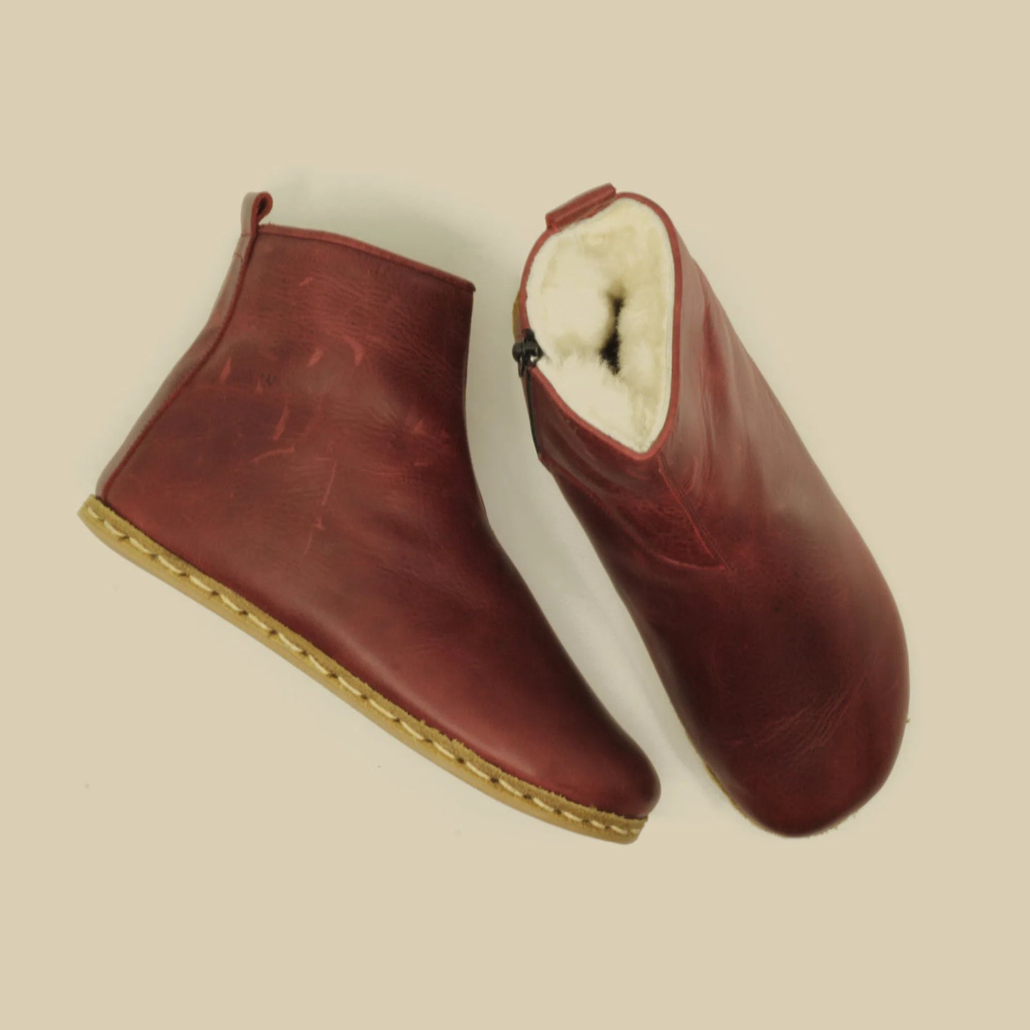 Fur Lining Handmade Barefoot Men's Boots Burgundy, Zippered Short Boots-Short Boots-nefesshoes-5-Nefes Shoes