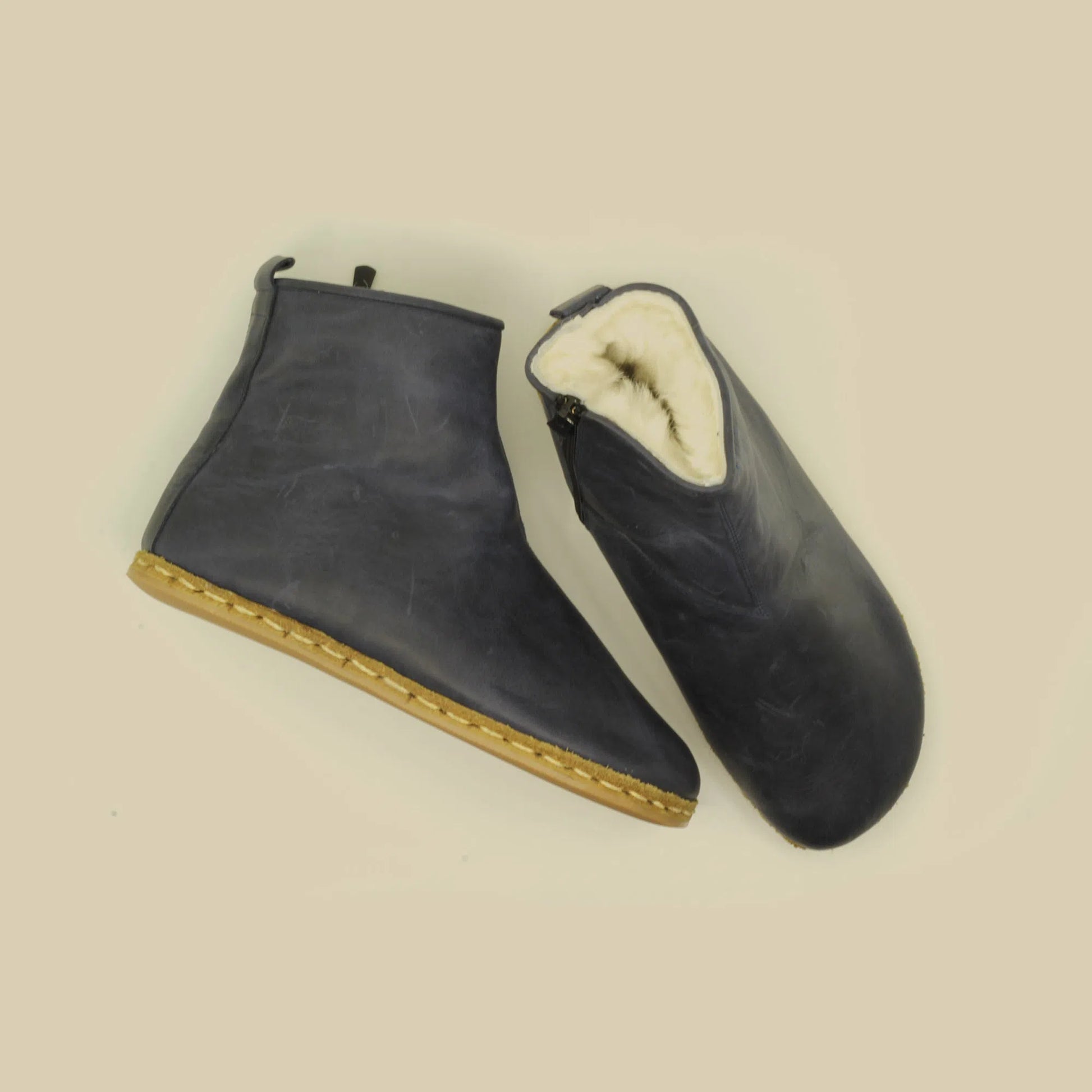 Fur Lining Handmade Barefoot Men's Navy Blue Zippered Short Boots-Short Boots-nefesshoes-5-Nefes Shoes