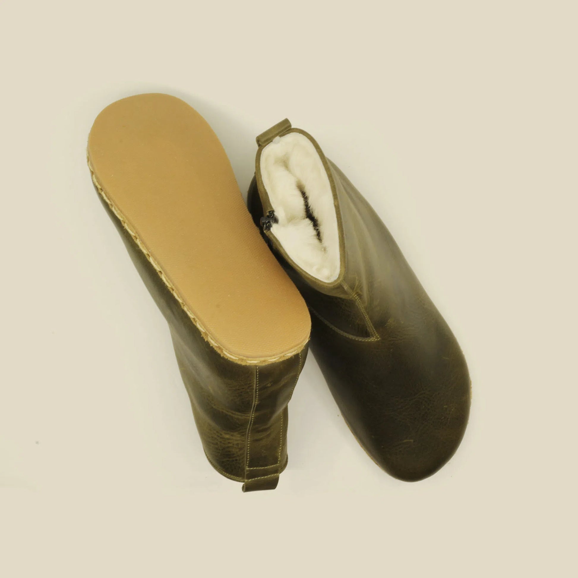 Fur Lining Handmade Barefoot Men's Olive Green Zippered Short Boots-Short Boots-nefesshoes-5-Nefes Shoes