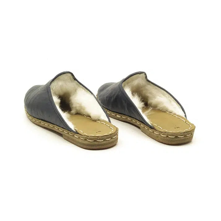 furry sheepskin navy blue mens slippers