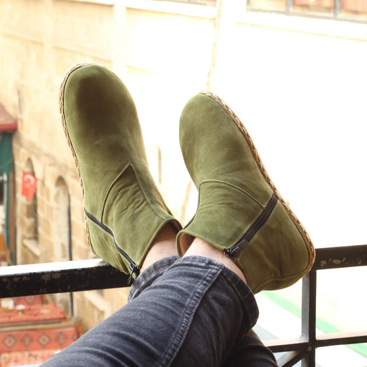 Genuine Leather Barefoot Men's Green Zippered Short Boots-Short Boots-nefesshoes-5-Nefes Shoes