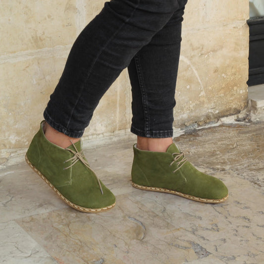 Green Barefoot Leather Men's Laced Short Laced Short Boots-Ayakkabılar-nefesshoes-5-Nefes Shoes