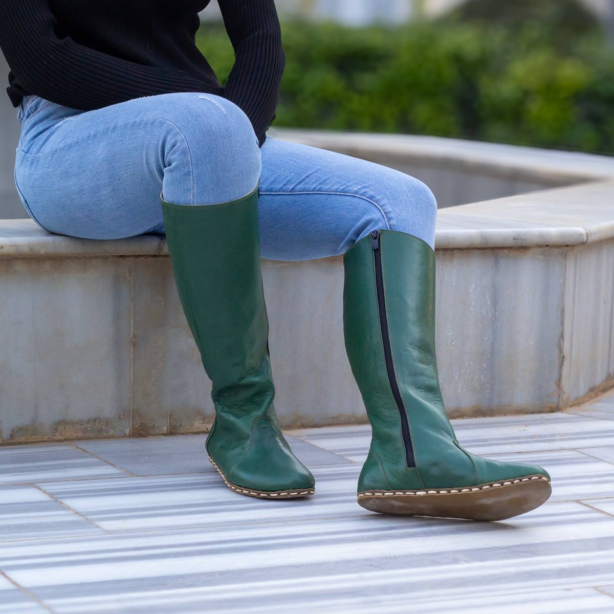 Green Women's Leather Barefoot Earthing Long Boots-Horse Boots Women-Nefes Shoes-5-Nefes Shoes