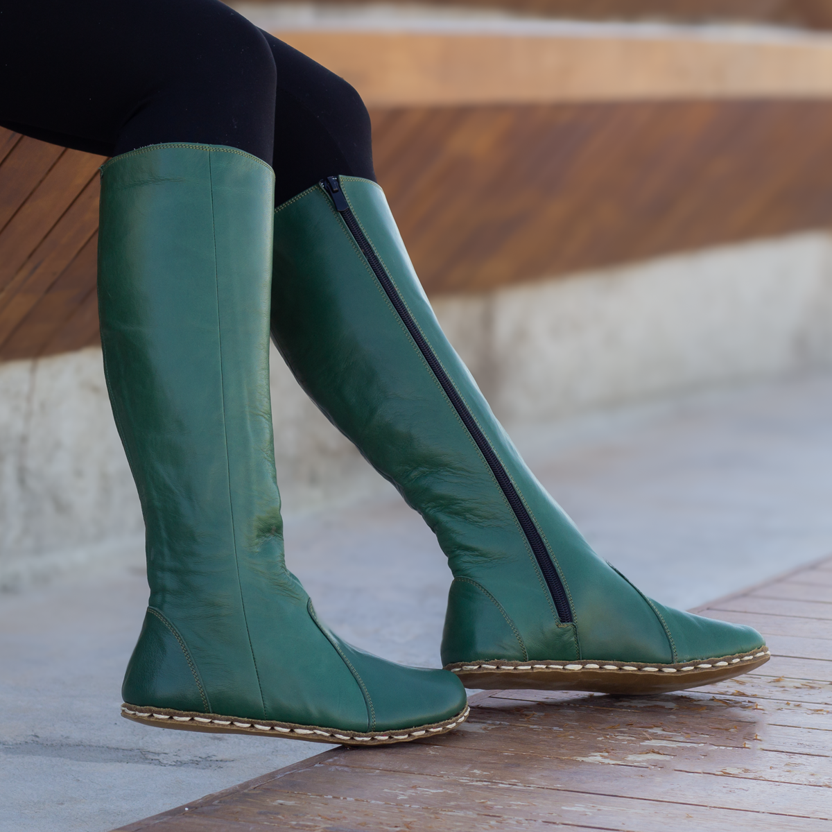 Green Women's Leather Barefoot Earthing Long Boots-Horse Boots Women-Nefes Shoes-5-Nefes Shoes