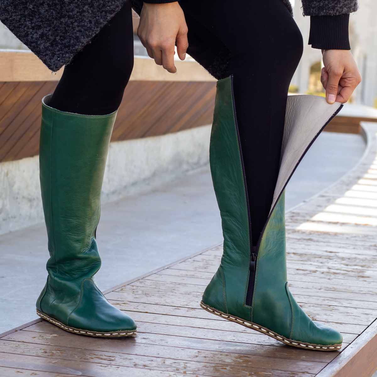 Green Women's Leather Barefoot Earthing Long Boots-Horse Boots Women-Nefes Shoes-5-Nefes Shoes