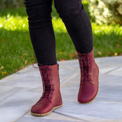 grounding barefoot burgundy lace up boots for women