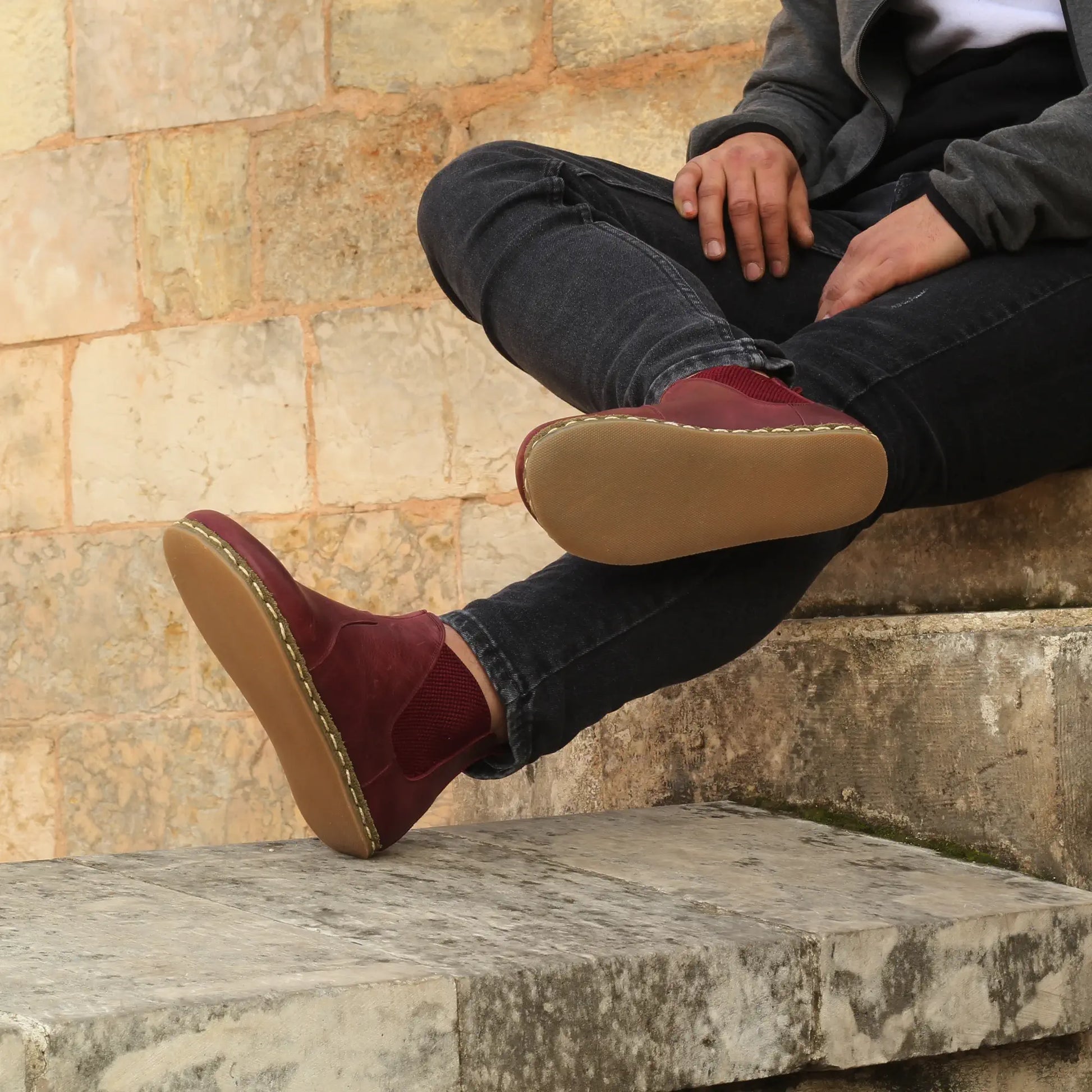 grounding barefoot chelsea boots burgundy handmade men