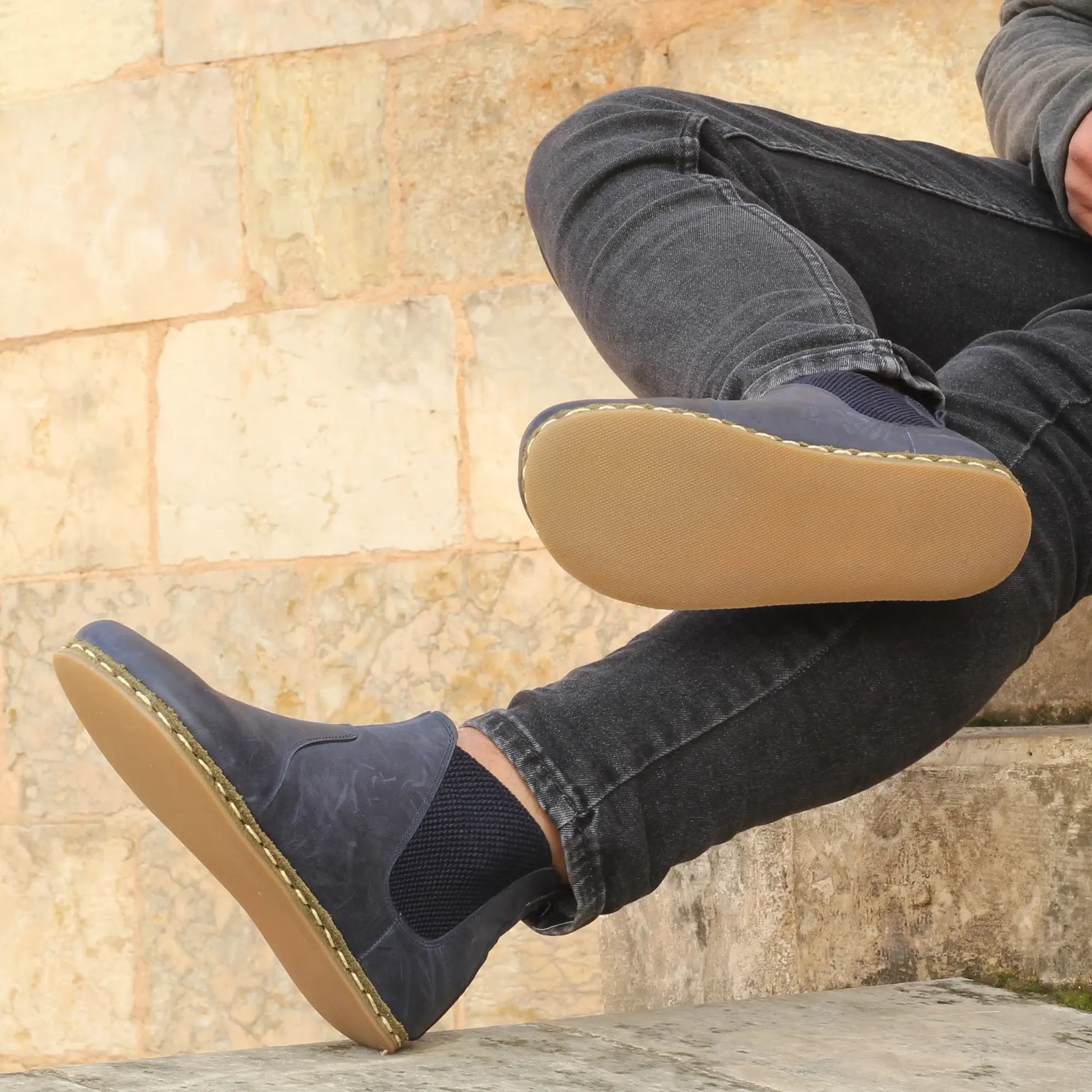 grounding barefoot chelsea boots navy blue handmade men