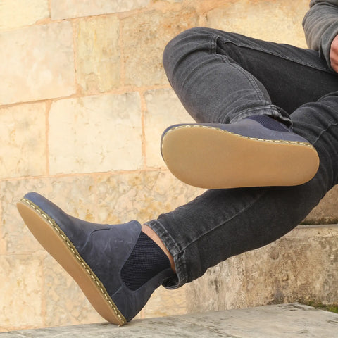 grounding barefoot chelsea boots navy blue handmade men