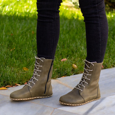 grounding barefoot lace up olive green boots for women