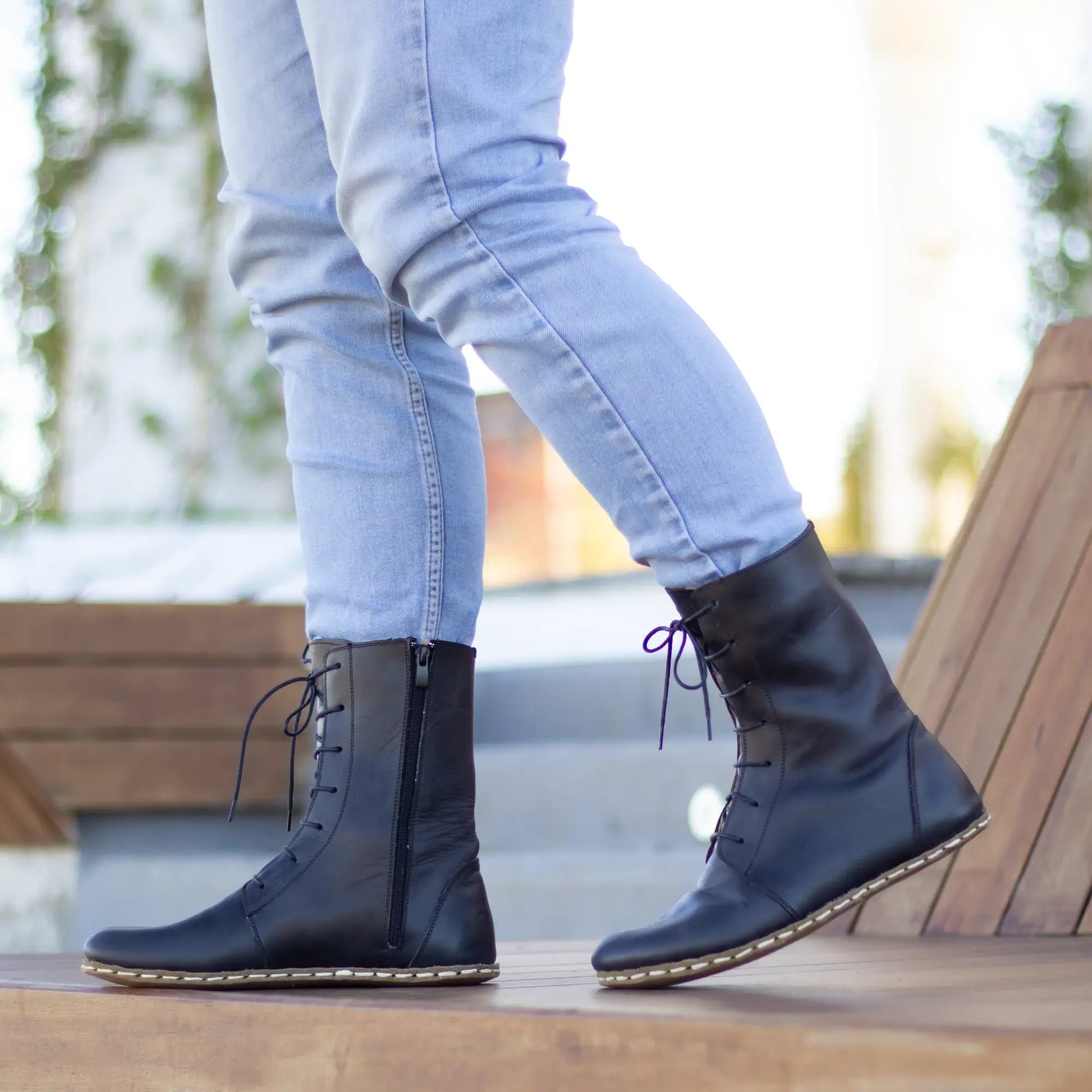 grounding barefoot leather lace up boots black men