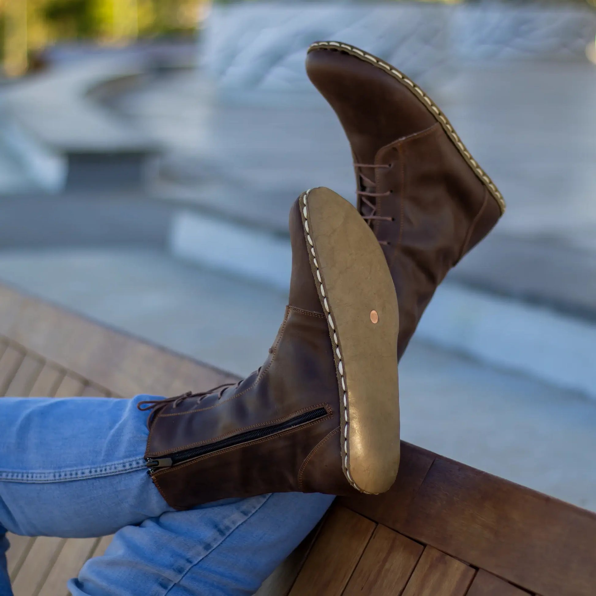 grounding barefoot leather lace up boots brown men