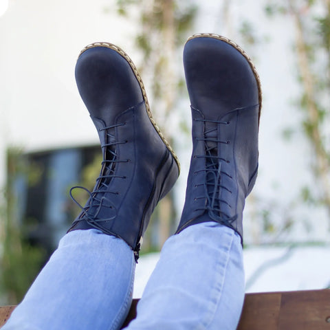grounding barefoot leather lace up boots navy blue men