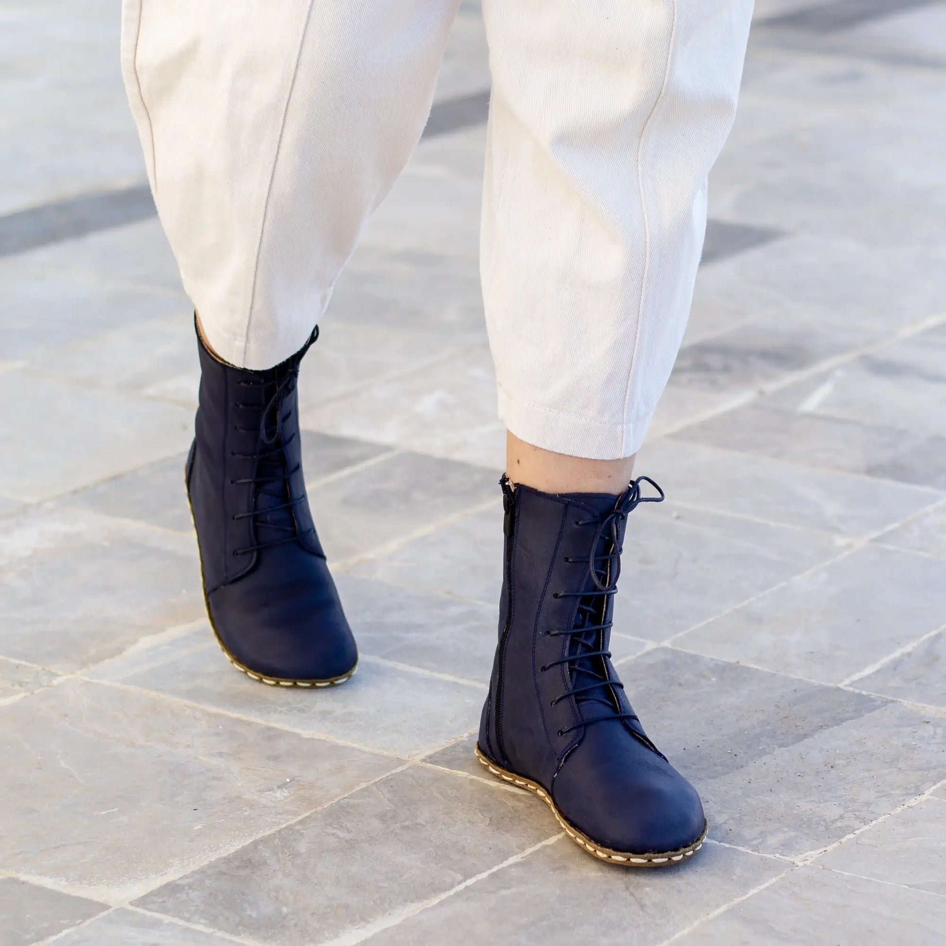 grounding barefoot navy blue lace up boots for women