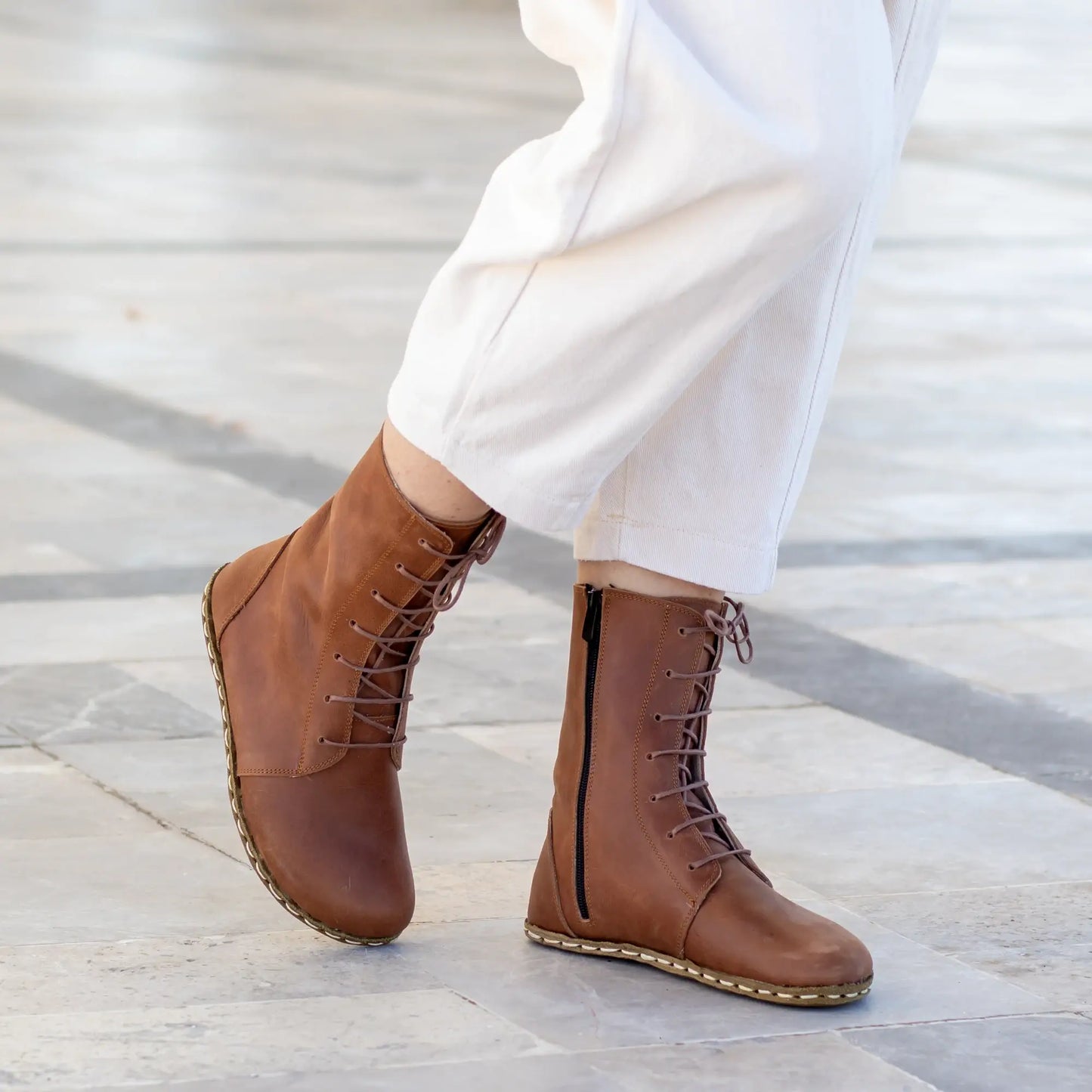 grounding barefoot new brown lace up leather boots for women