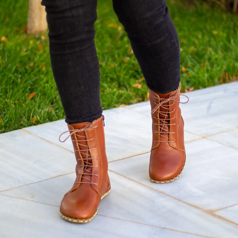 grounding barefoot tornado brown lace up boots for women
