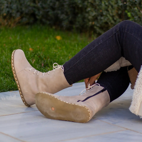 handmade barefoot lace up cream leather womens boots